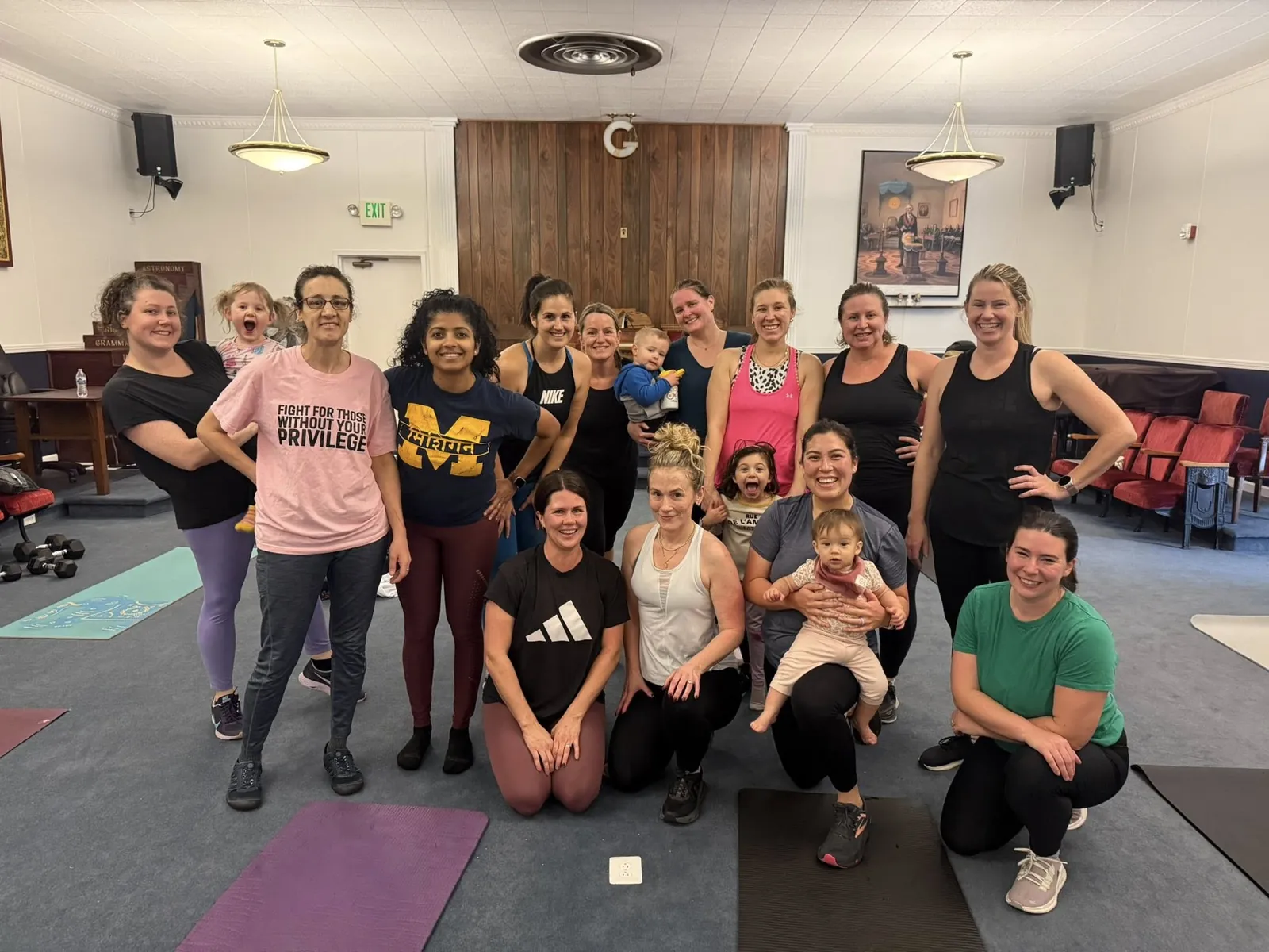 Indoor class working out on mats at the Masonic Center in Downtown Edmonds